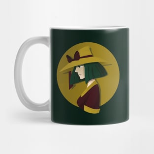 lady wearing yellow hat Mug